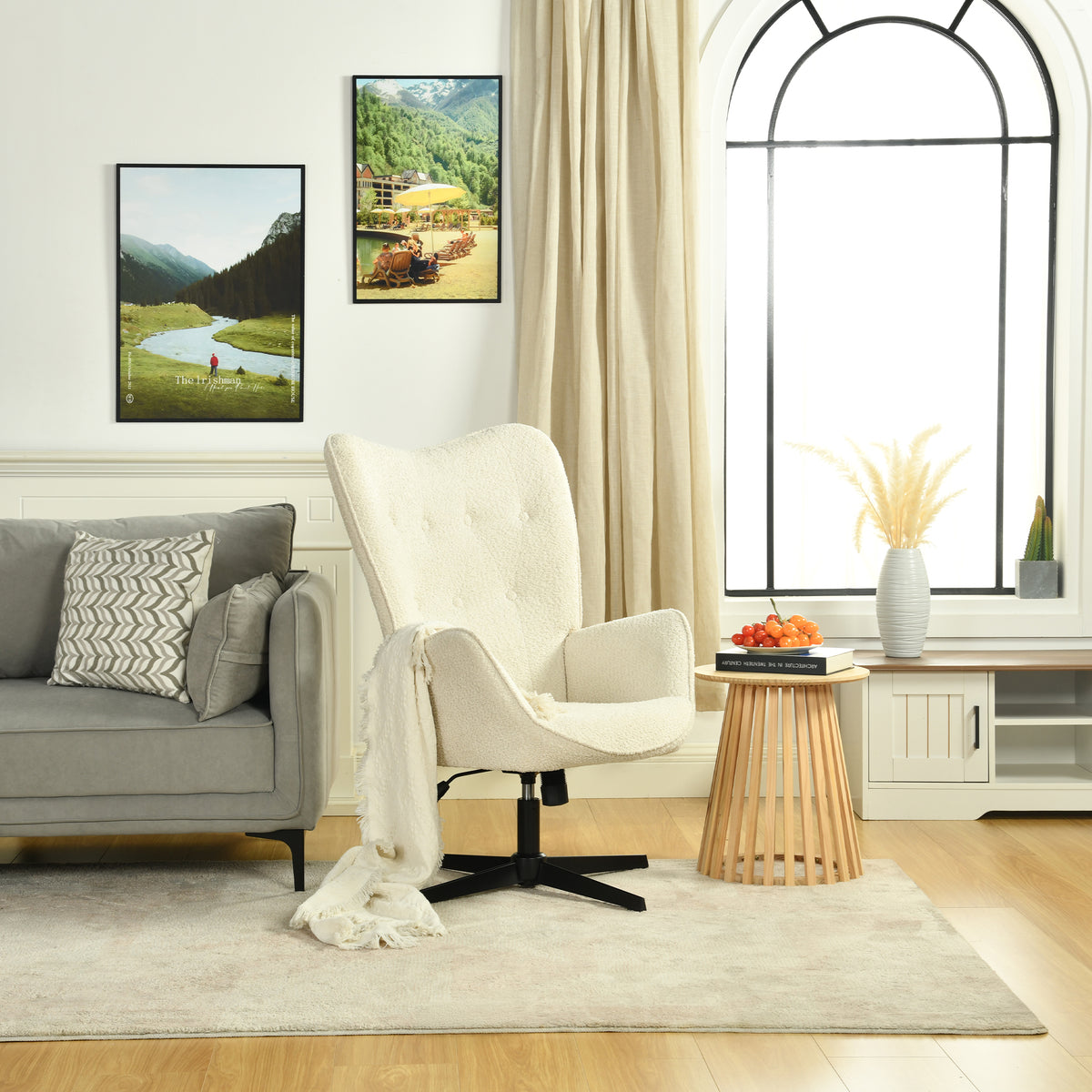 Lot de 2 fauteuil de bureau pivotant et réglable avec accoudoirs, fauteuil de salon inclinable en tissu chenille beige - FUCHS