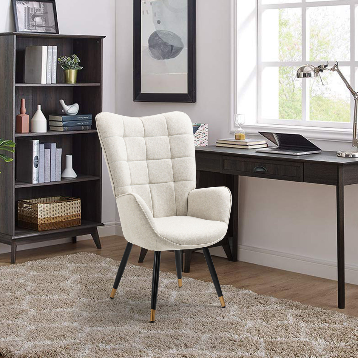 Scandinavian armchair with armrests in beige fabric with stitching - Funkel