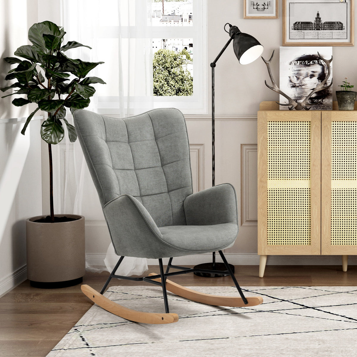 Fauteuil à bascule allaitement scandinave avec accoudoirs en tissu gris à surpiqûres - FUNKEL