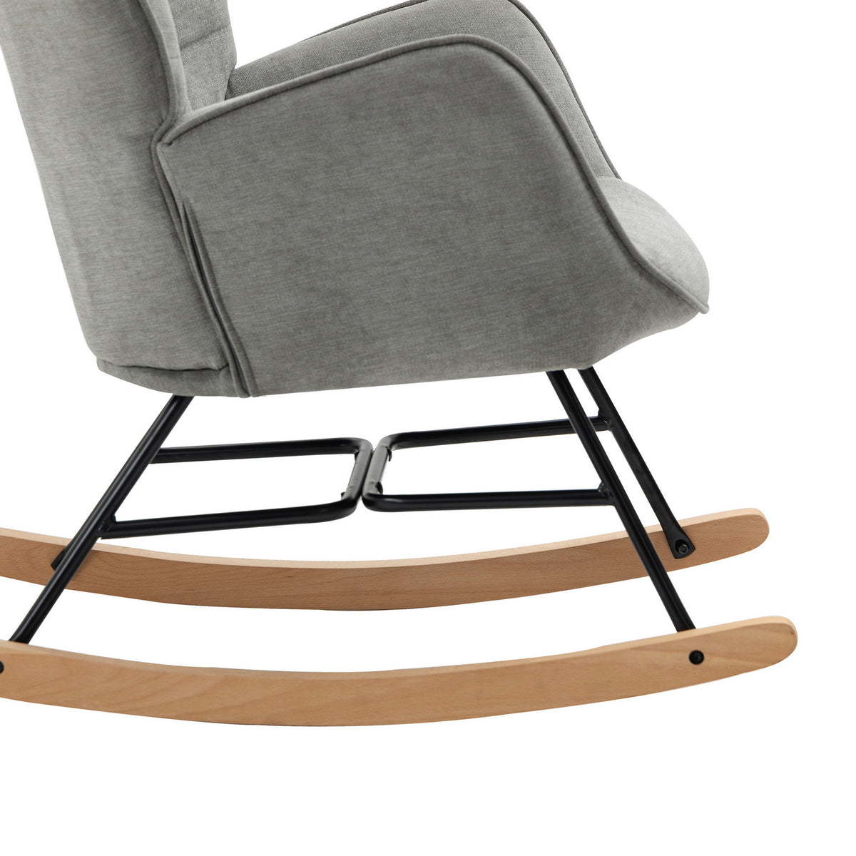 Fauteuil à bascule allaitement scandinave avec accoudoirs en tissu gris à surpiqûres - FUNKEL