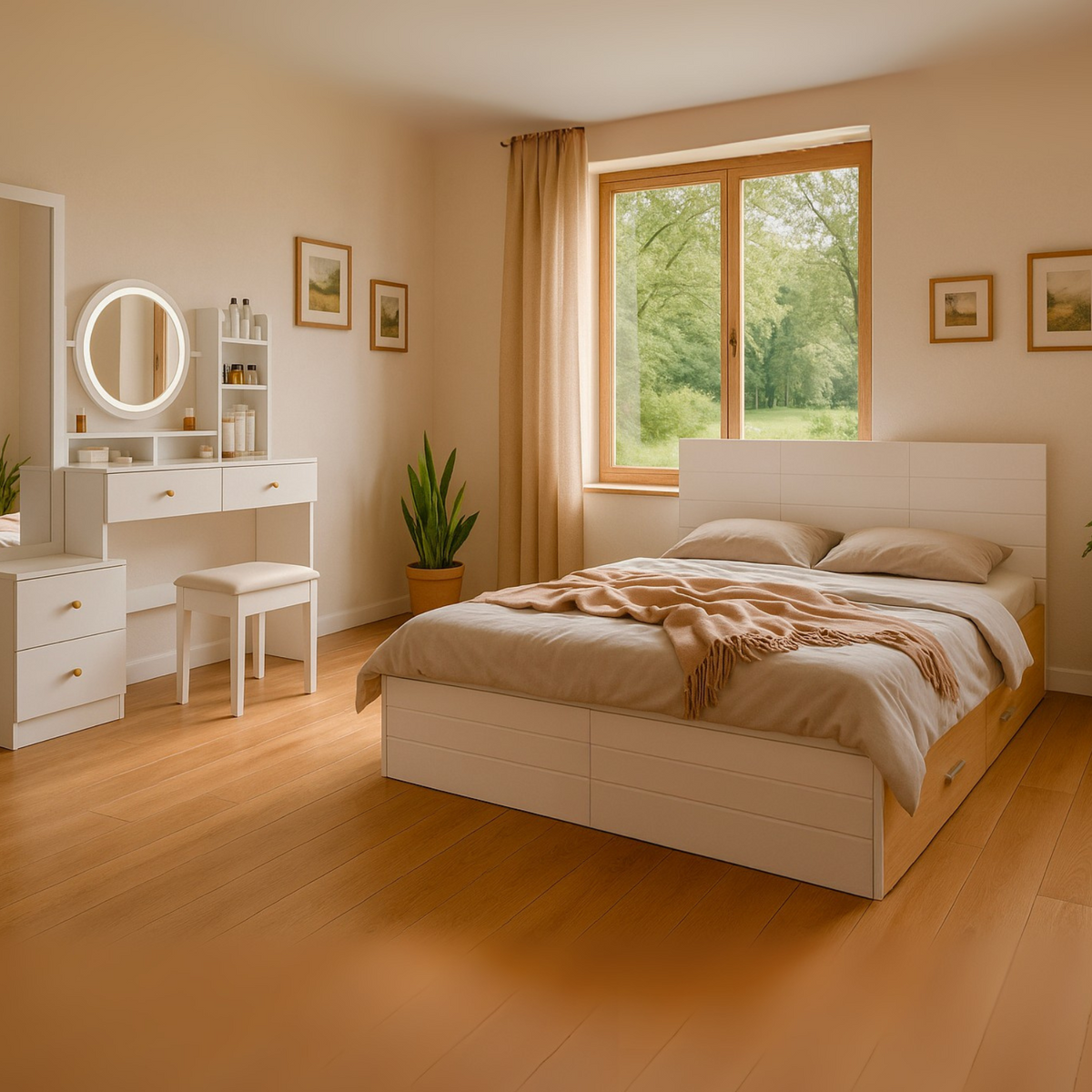 Lit double 140x200 cm en bois avec sommier à lattes et 2 tiroirs de rangement (sans matelas)
