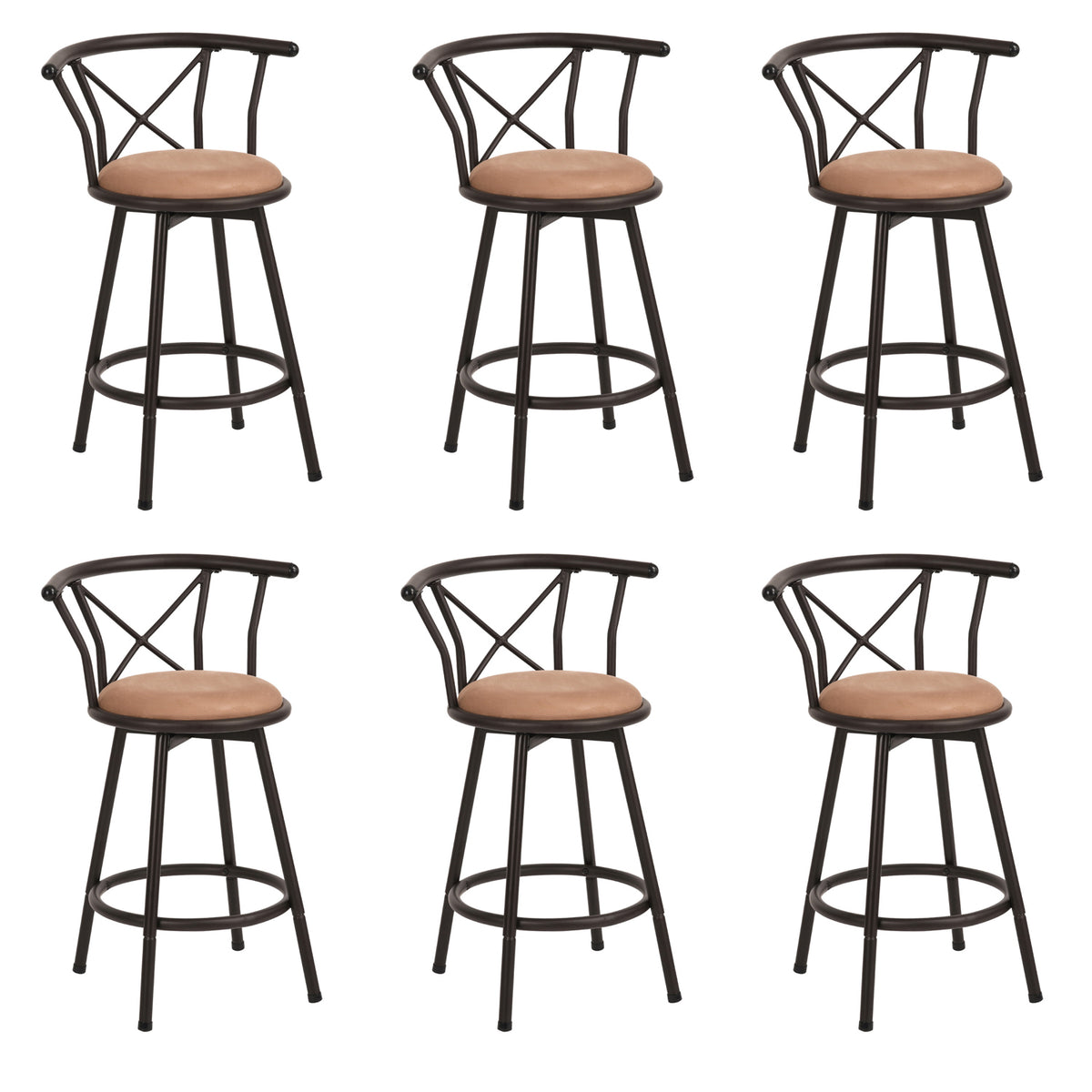 Set mit 6 drehbaren Industrie-Barhockern mit brauner Stoffrückseite – HAILEY 24