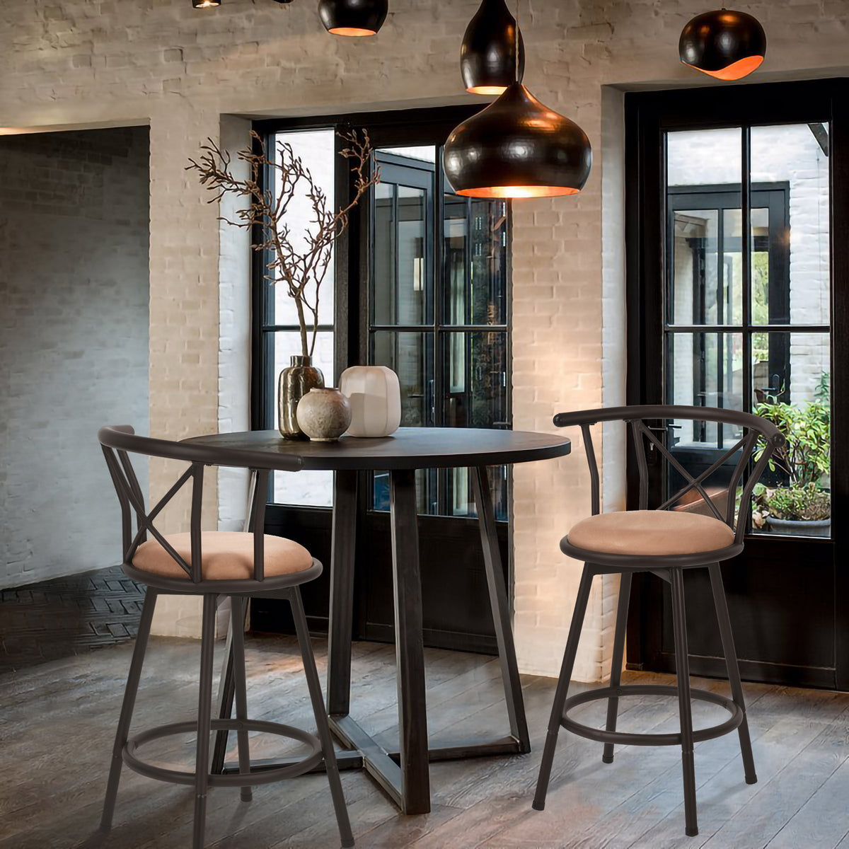 Set mit 6 drehbaren Industrie-Barhockern mit brauner Stoffrückseite – HAILEY 24