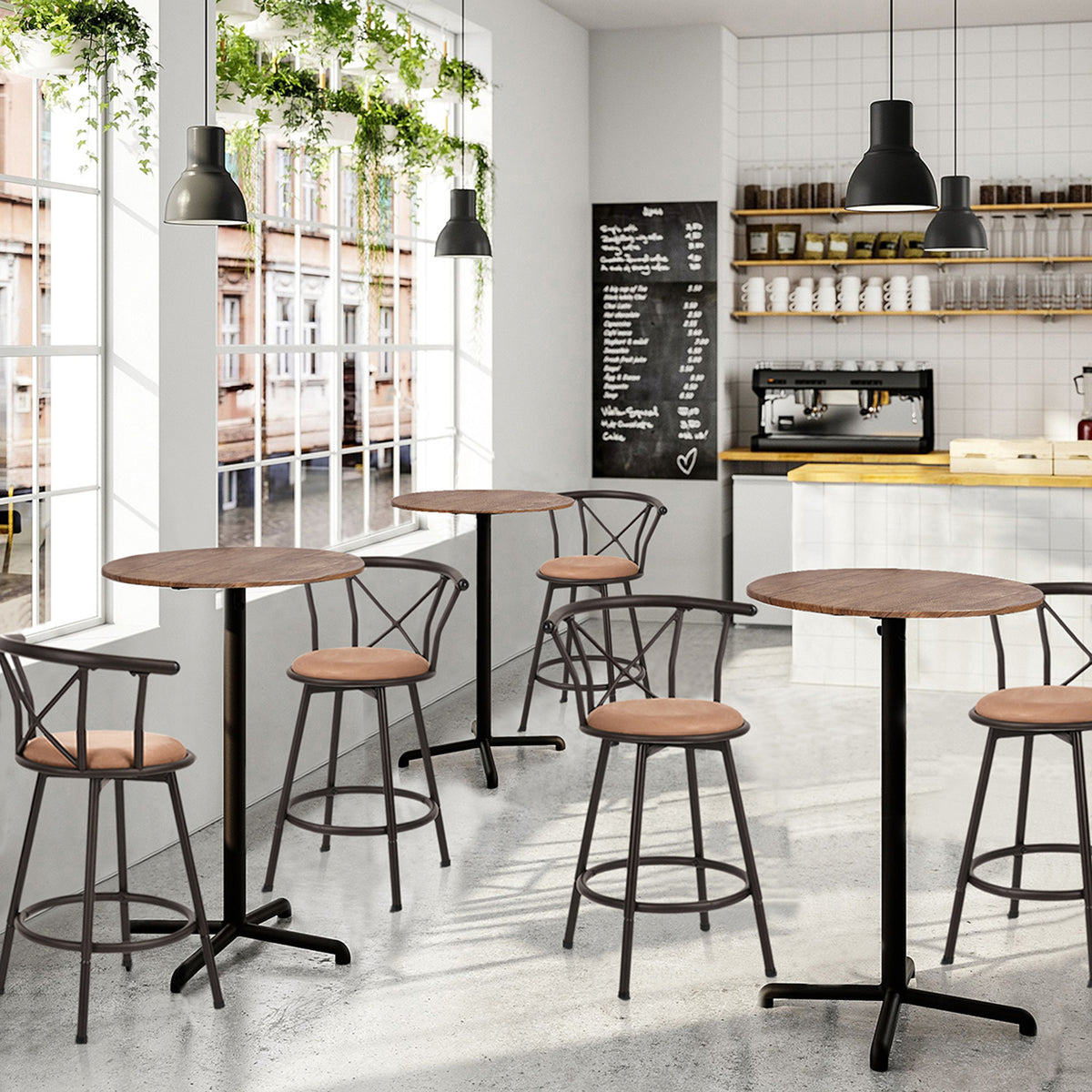 Set mit 6 drehbaren Industrie-Barhockern mit brauner Stoffrückseite – HAILEY 24