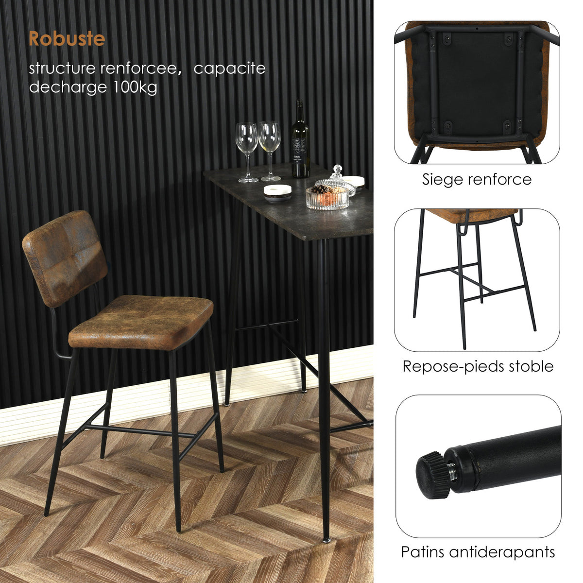 Set of 6 industrial bar stools with suede back - INDEPENDENCE BAR