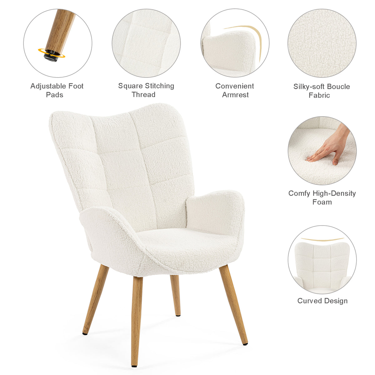 Fauteuil scandinave avec accoudoirs en tissu mouton bouclette beige à surpiqûres - KANAS
