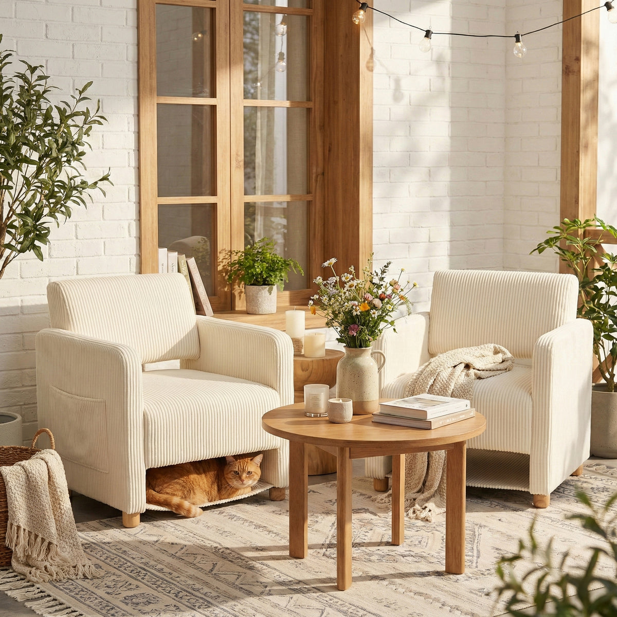 Lot de 2 fauteuil de détente 1 place canapé pour salon, fauteuil avec emballage en velours côtelé beige - KARIA