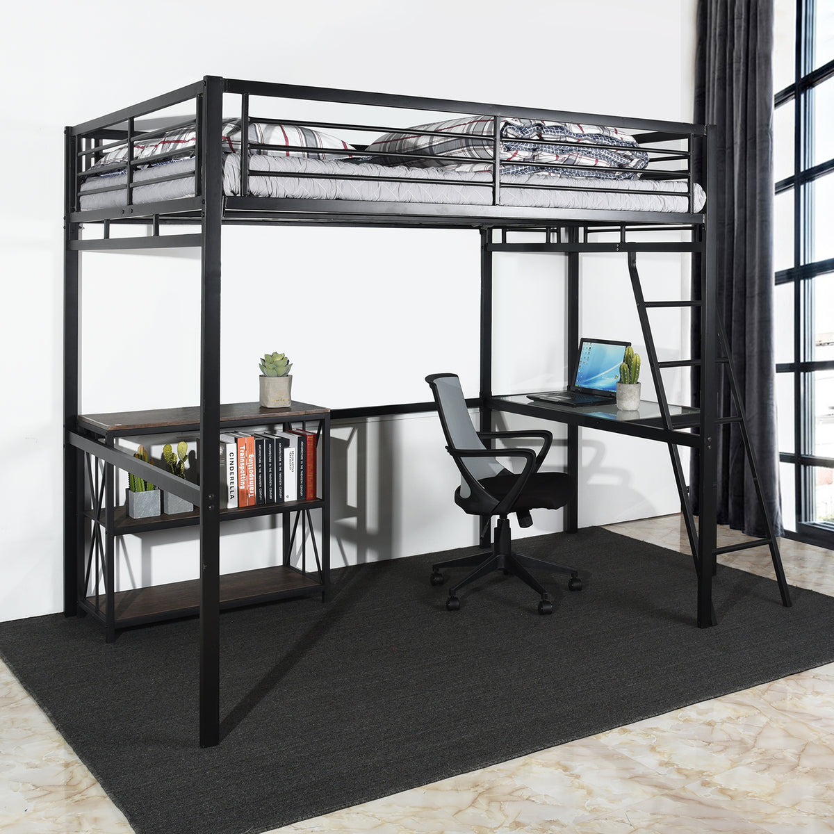 Lit mezzanine 2 places en métal noir avec bureau intégré, couchage de 140x190cm (matelas non inclus) - LIONEL