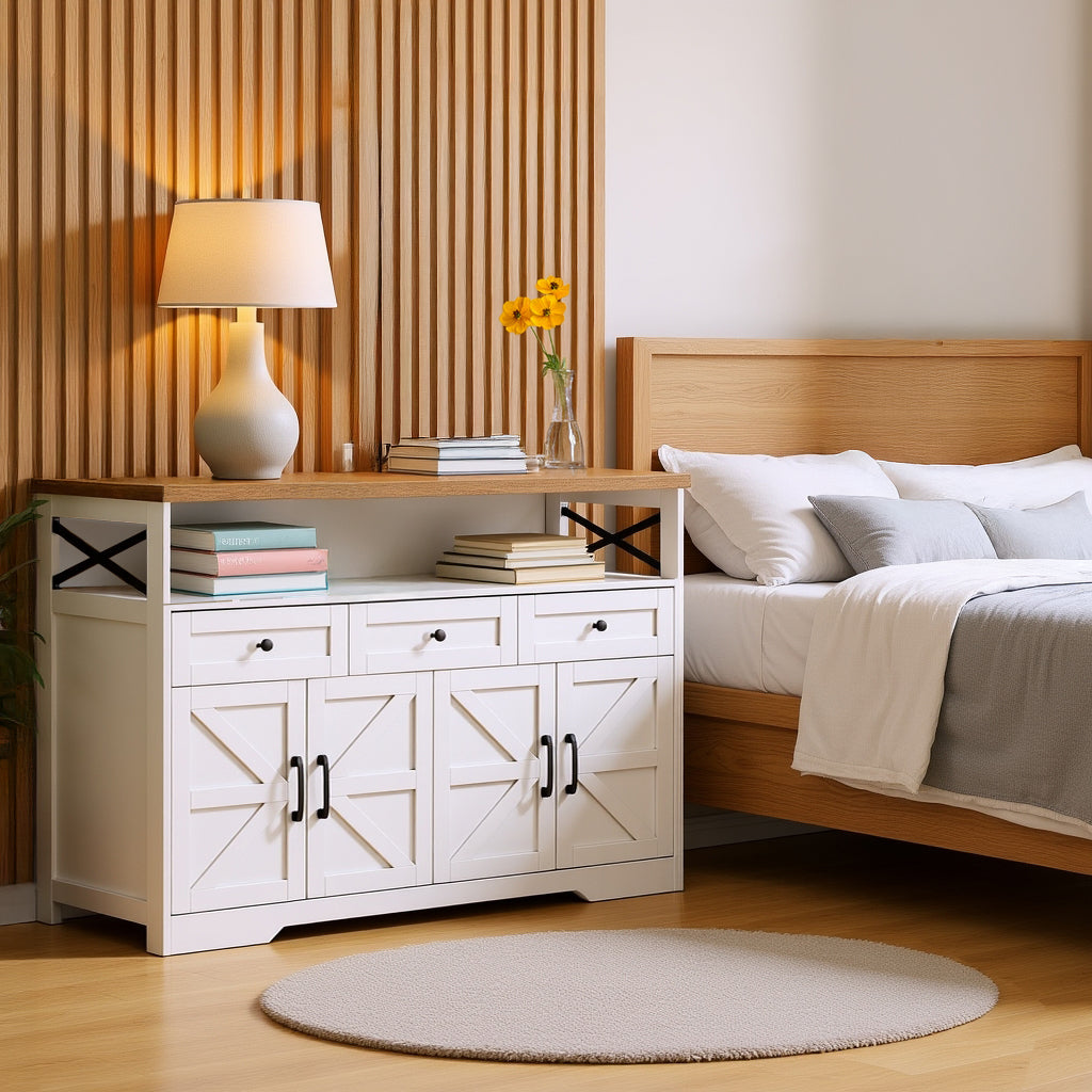 White and brown rustic buffet with 3 drawers and 2 doors