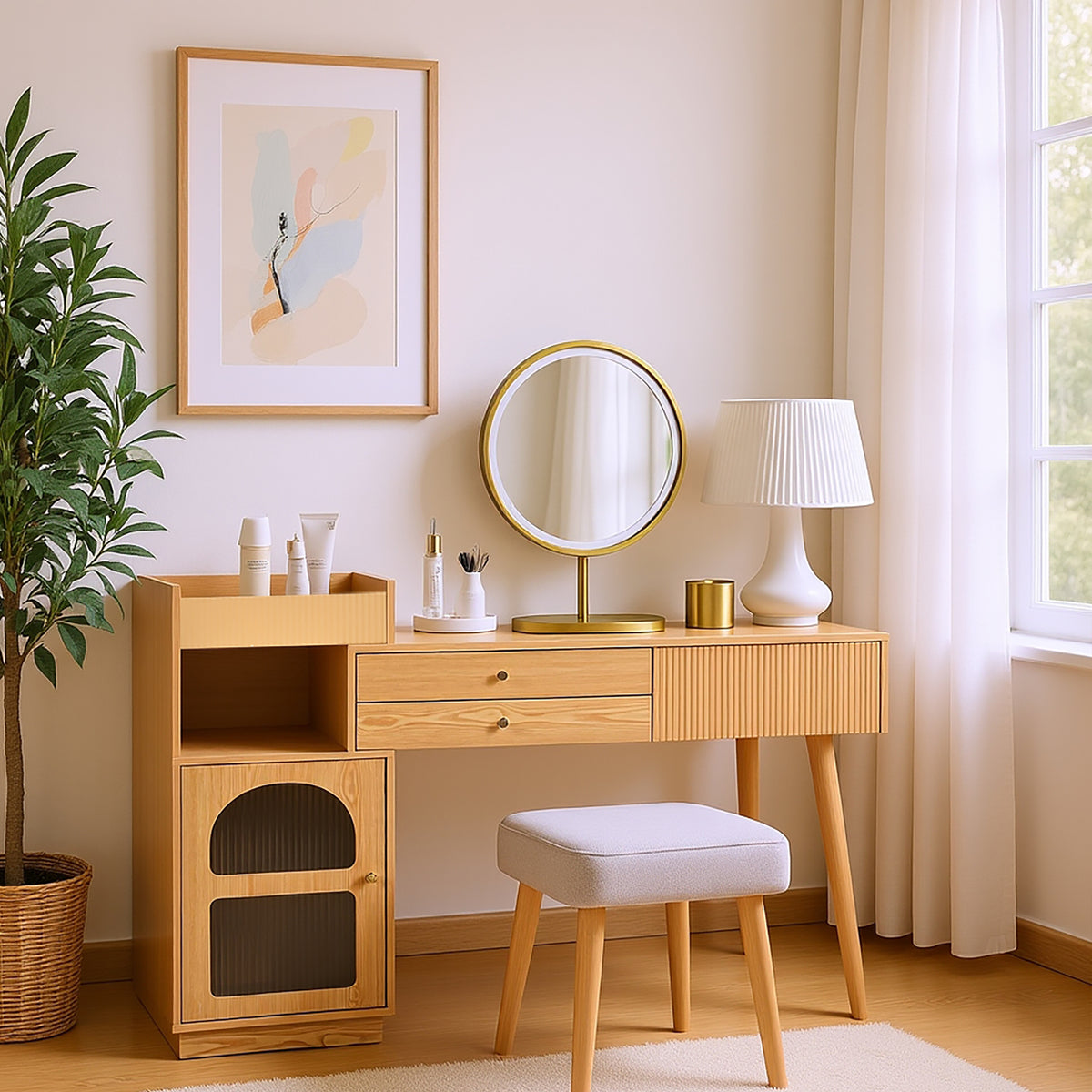 Modern hairdresser with 3 -light LED mirror, large storage space and side glass cabinet, 120x40x90 cm