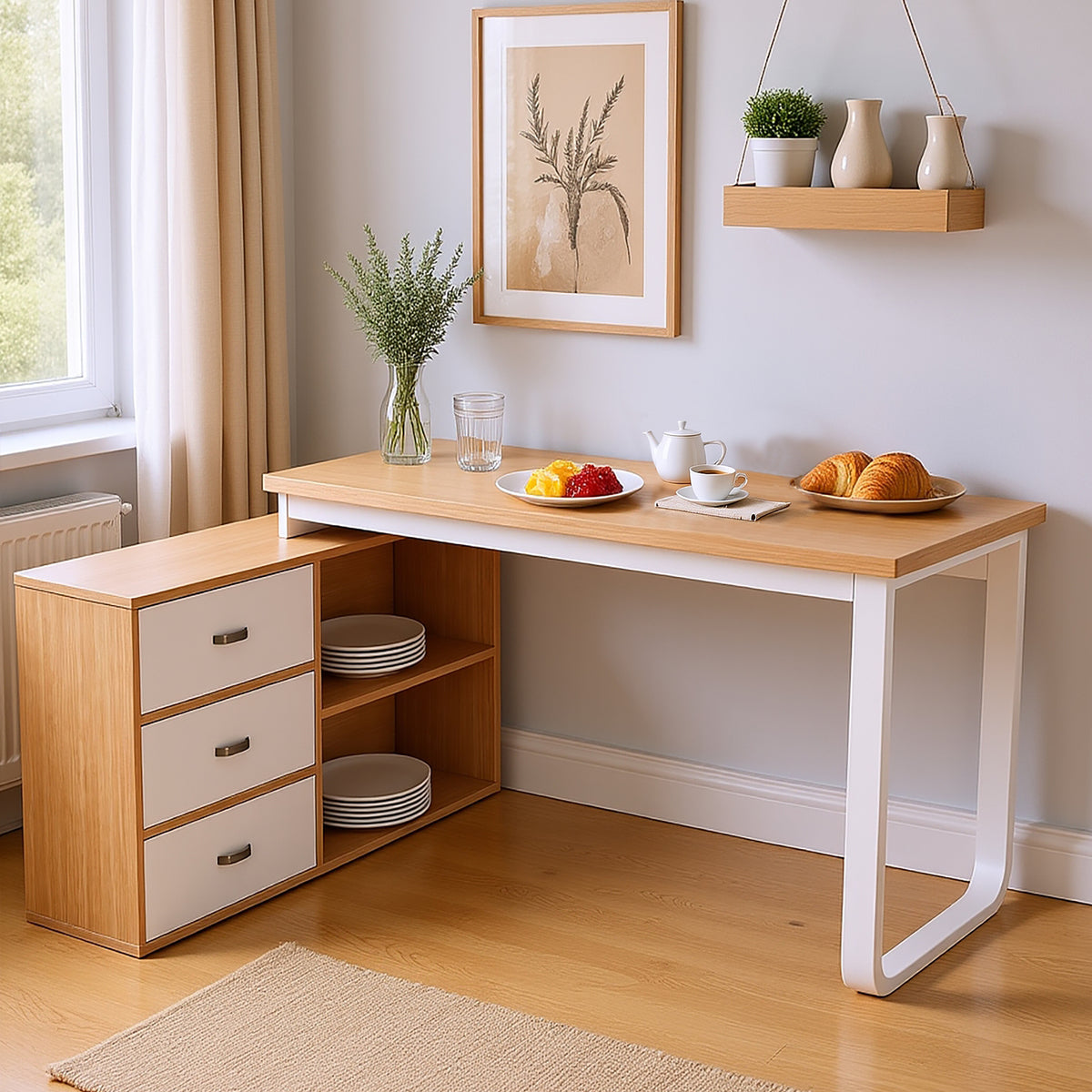 Schlichter Schreibtisch aus Naturholz mit 3 Schubladen und 2 offenen Nischen – 147×100×75,3 cm