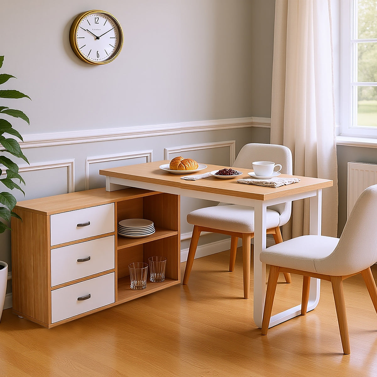 Schlichter Schreibtisch aus Naturholz mit 3 Schubladen und 2 offenen Nischen – 147×100×75,3 cm