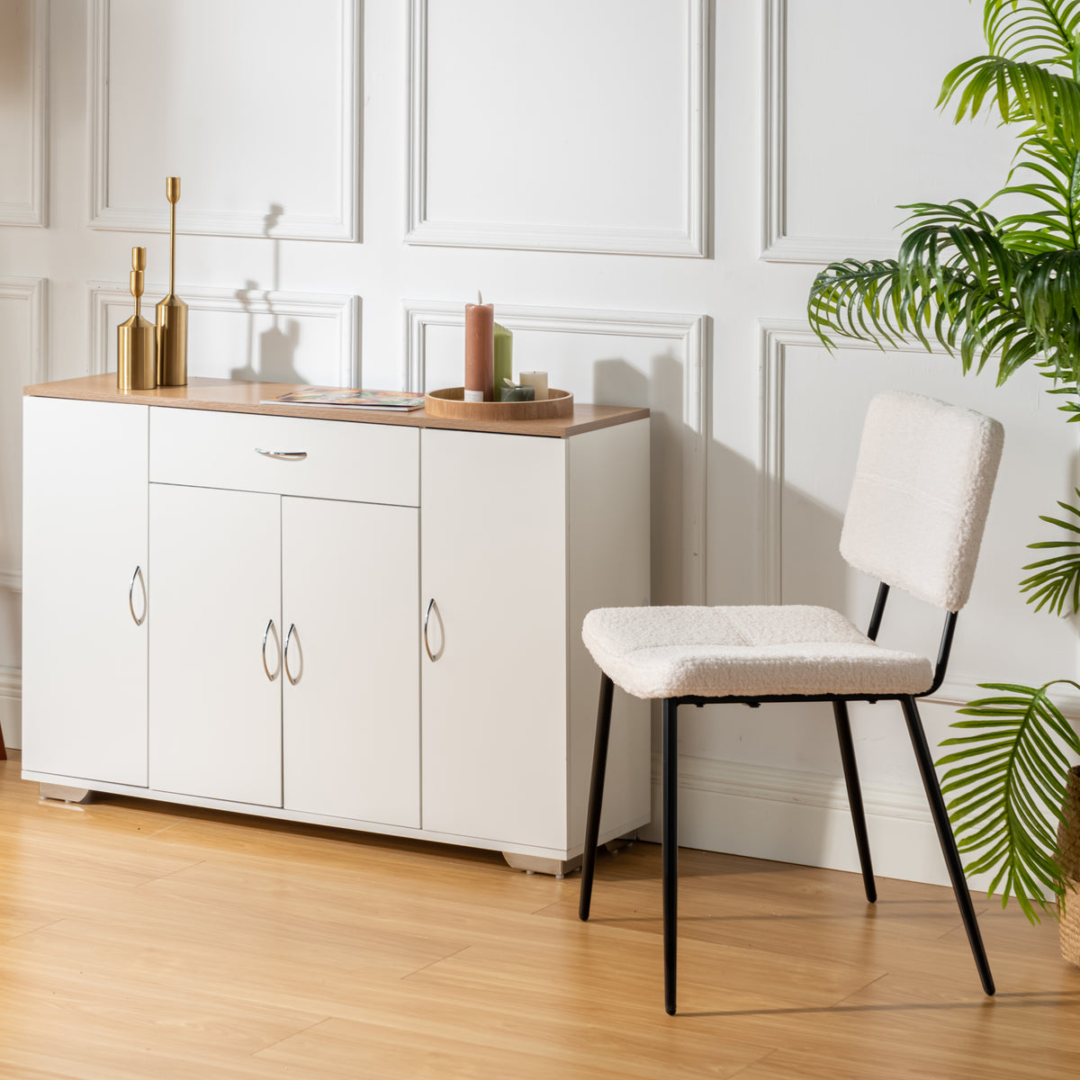 Set of 4 Scandinavian dining room chairs in beige sheepskin fabric - POMONA