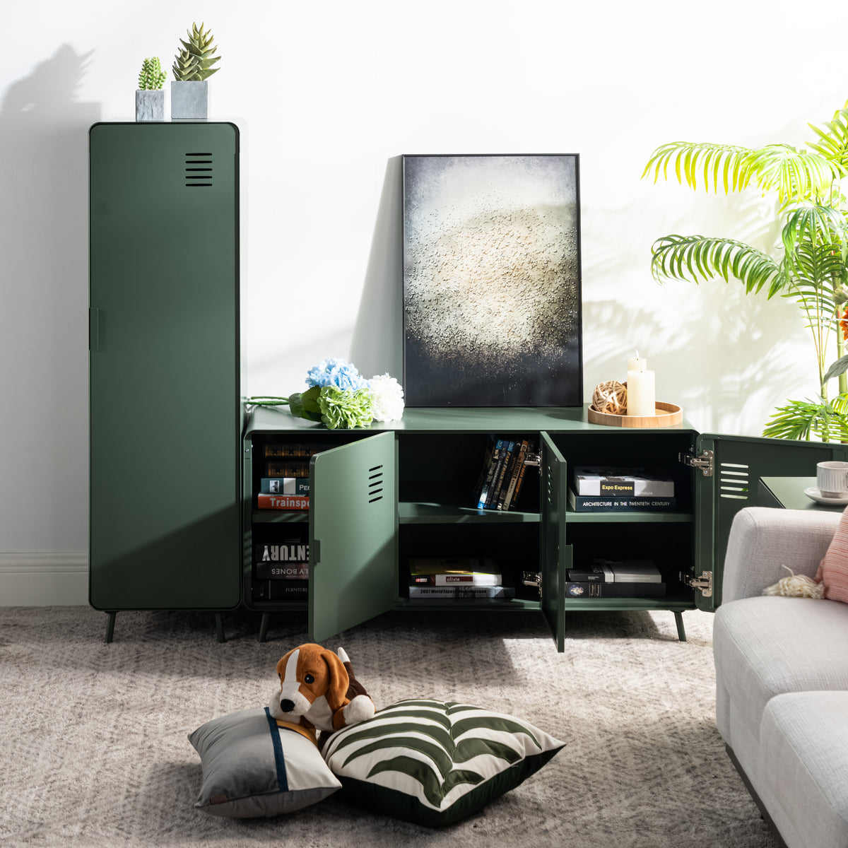 TV cabinet/Buffet Living Room in 3 -door green metal and wooden tray with shelves - Walnut