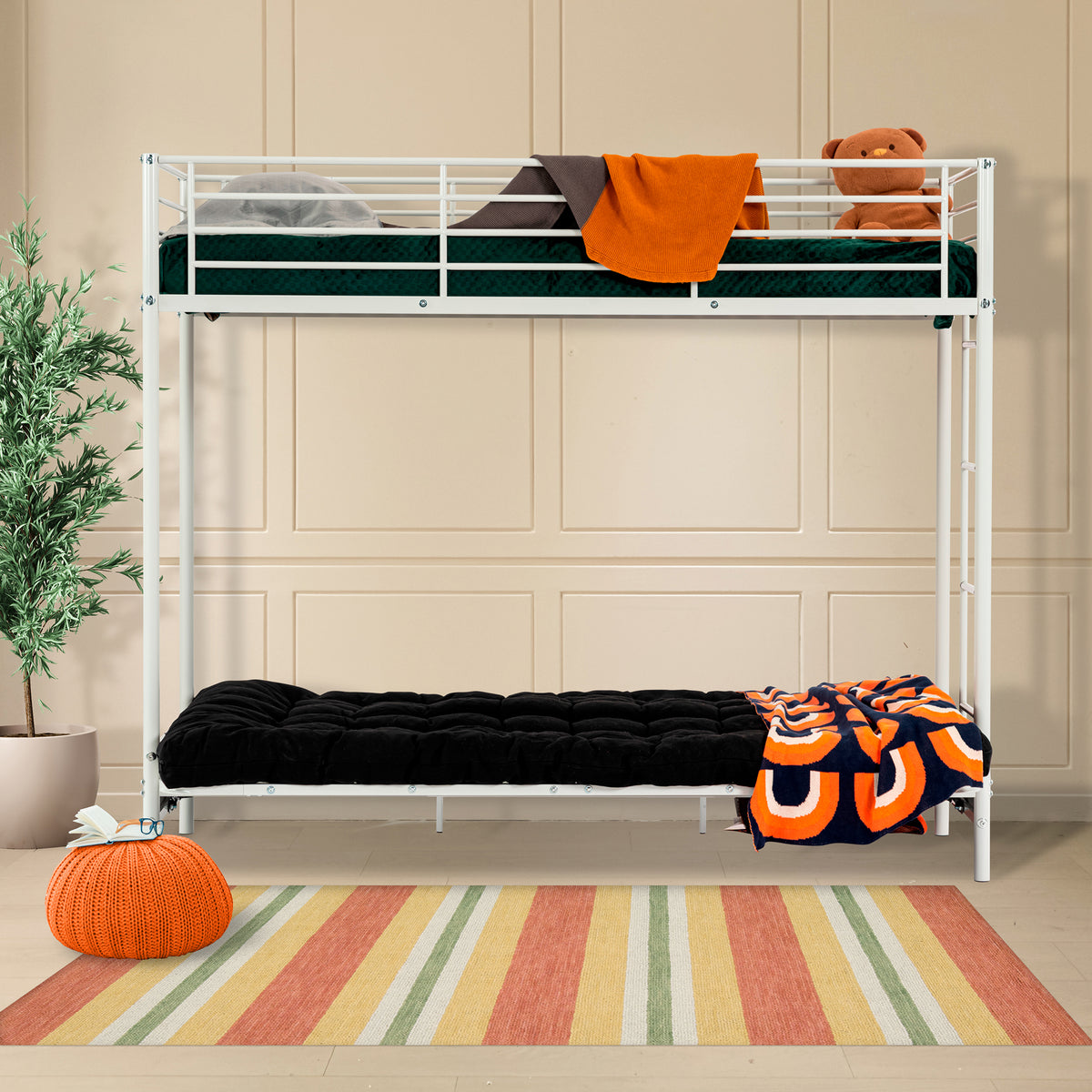 Etagenbett -Set 90x190 cm mit Cabrio -Bank in weißem Metall und 2 -Sender falten Futon Matratze - Liberty n Mica