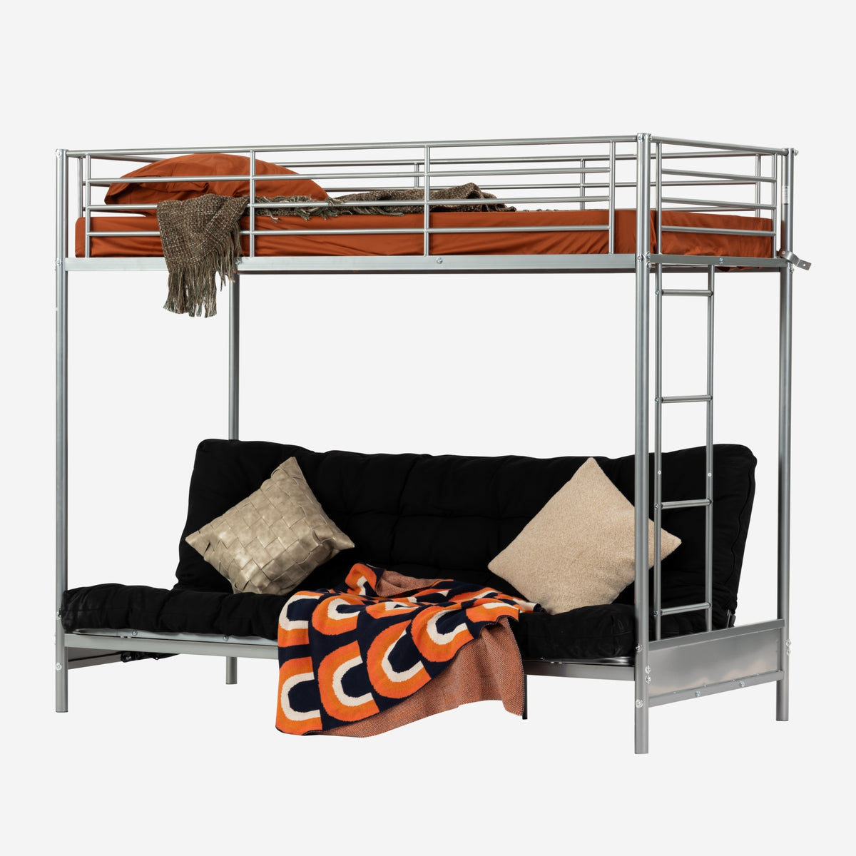 Lit superposé 90x190cm avec banquette convertible canapé et sommier à lattes en métal argenté (matelas non inclus) - LIBERTY