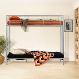 90 x 190 cm großes Etagenbett-Set mit umwandelbarer Bank aus silbernem Metall und faltbarer 2-Sitzer-Futonmatratze – LIBERTY N MICA