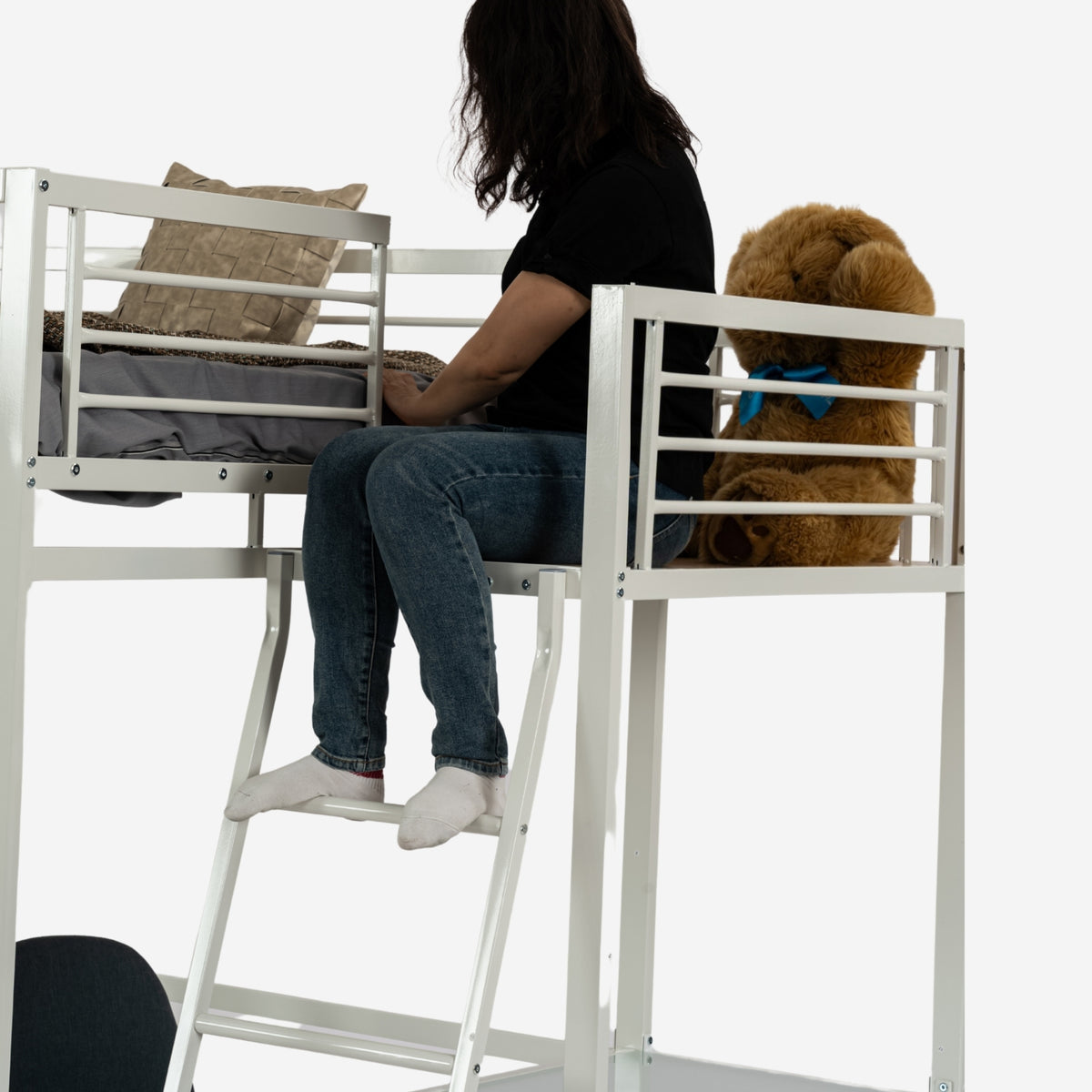 Mezzanine bed 2 places in white metal with integrated desk, sleeping of 140x190cm (mattress not included) - Lionel