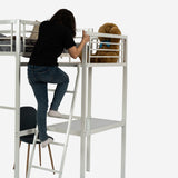 Mezzanine bed 2 places in white metal with integrated desk, sleeping of 140x190cm (mattress not included) - Lionel