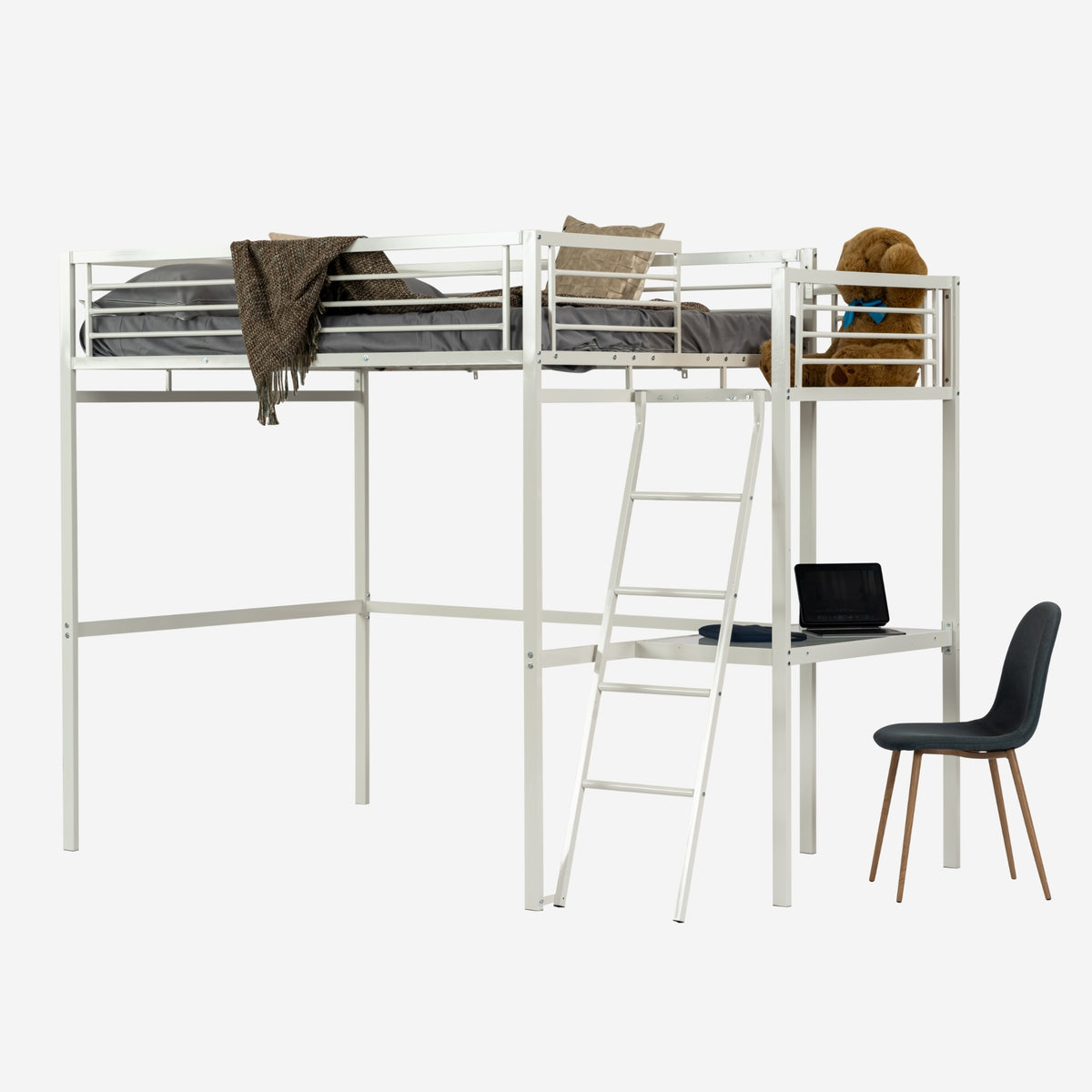 Mezzanine bed 2 places in white metal with integrated desk, sleeping of 140x190cm (mattress not included) - Lionel