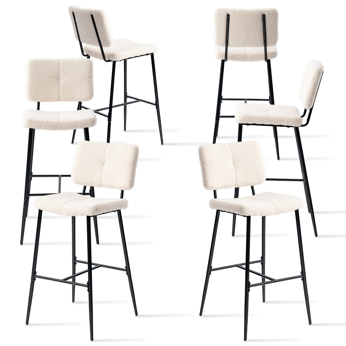 Set mit 6 skandinavischen Barhockern mit Rückenlehne aus beigem Schaffellstoff – POMONA BAR