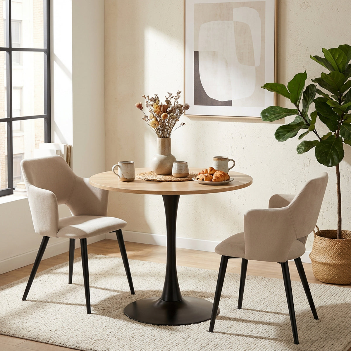 Round Table Table Table Table Timber Ø80 cm with 4 black velvet chairs, modern and comfortable style