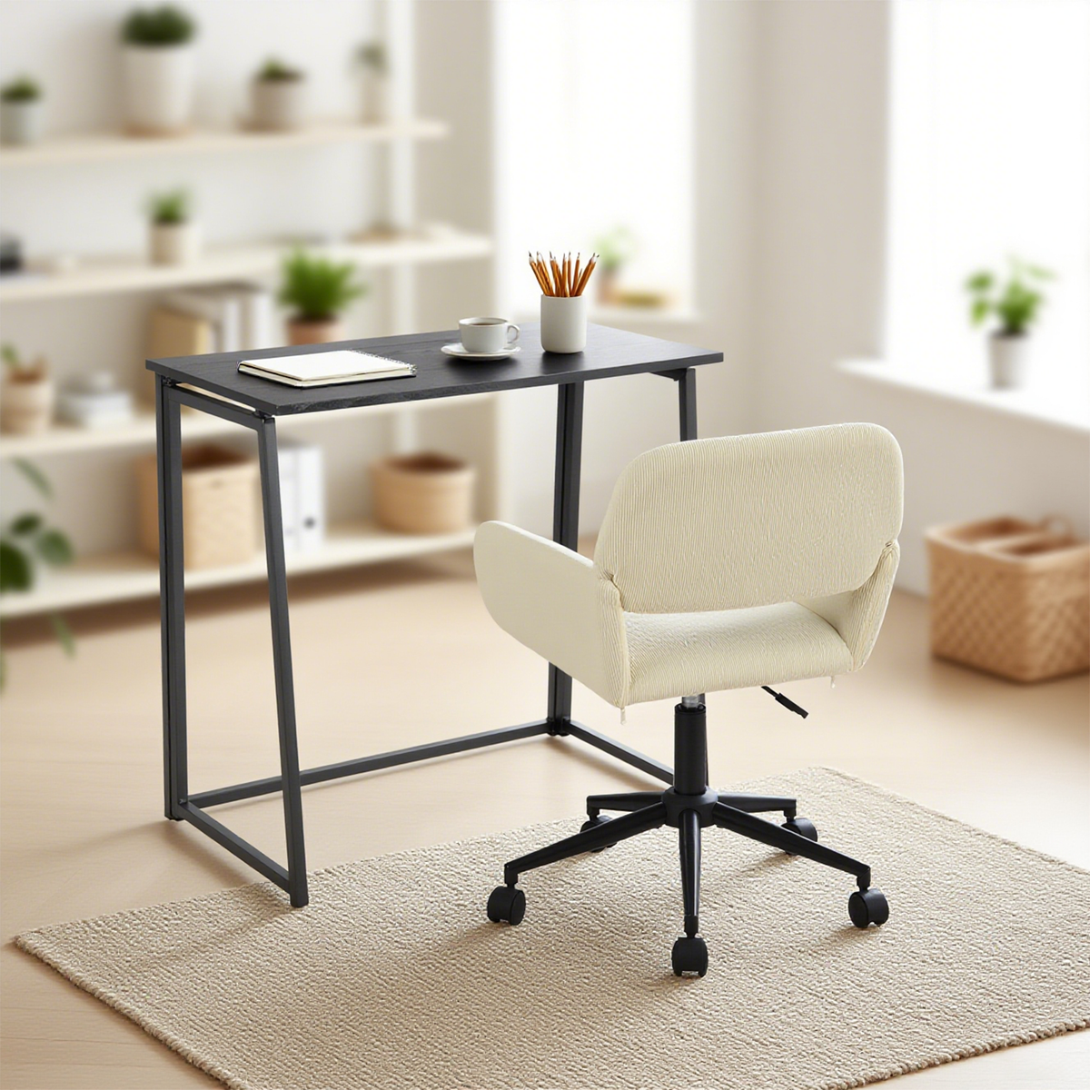 Ensemble bureau pliable en métal noir et fauteuil de bureau en velours côtelé beige - ASCOLI & ROSS