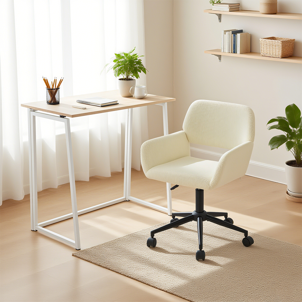 Beiges Cord-Klappschreibtisch- und Bürostuhl-Set – ASCOLI & ROSS
