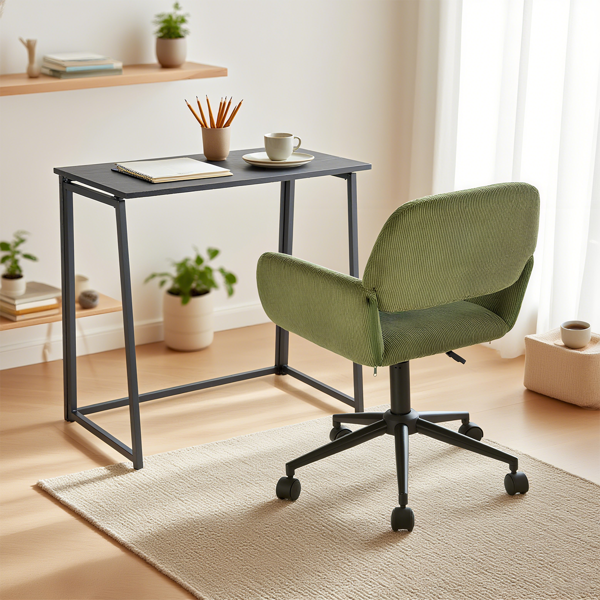 Ensemble bureau pliable en métal noir et fauteuil de bureau en velours côtelé vert olive - ASCOLI & ROSS