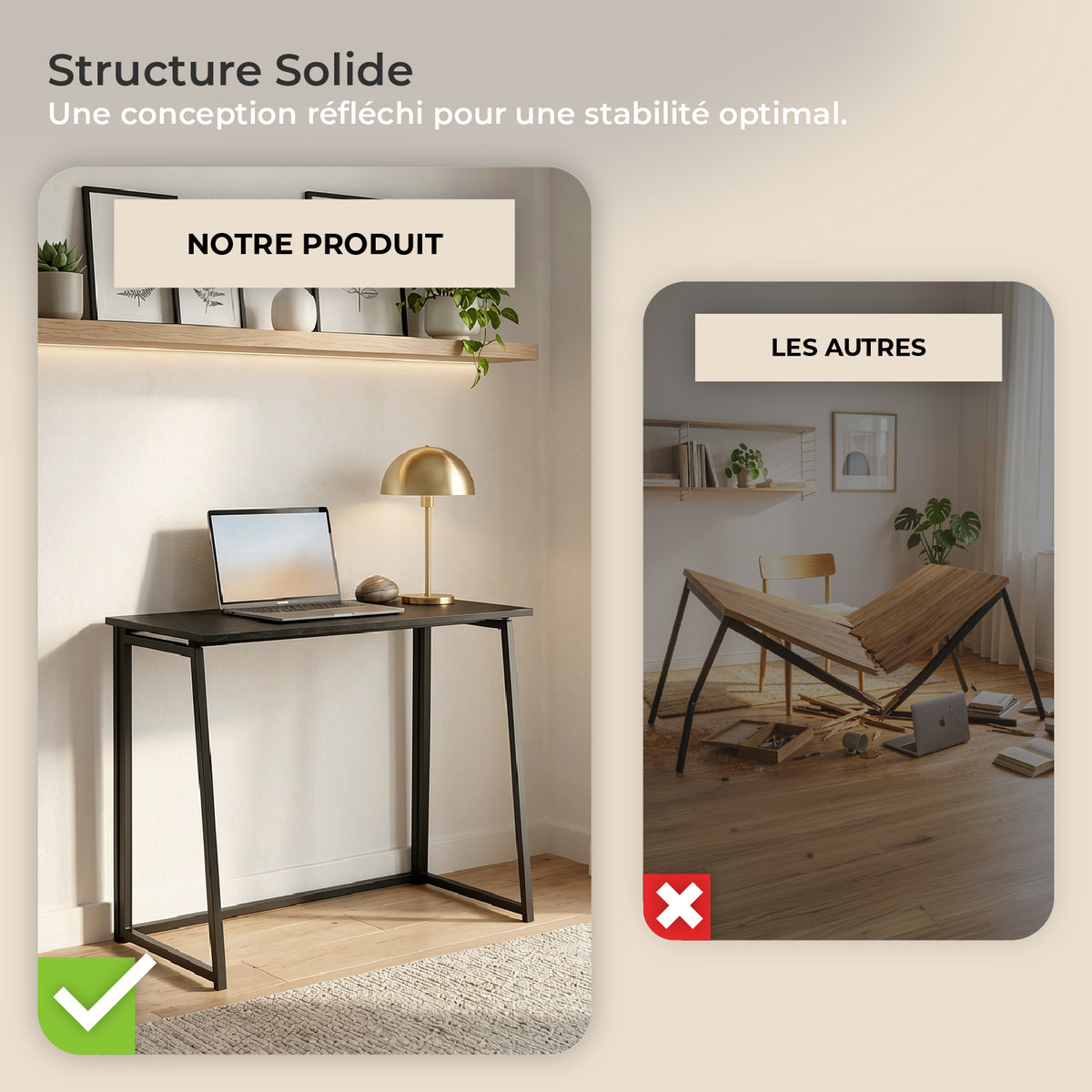 Bureau/table d'ordinateur industriel pliable en bois et en métal noir - ASCOLI