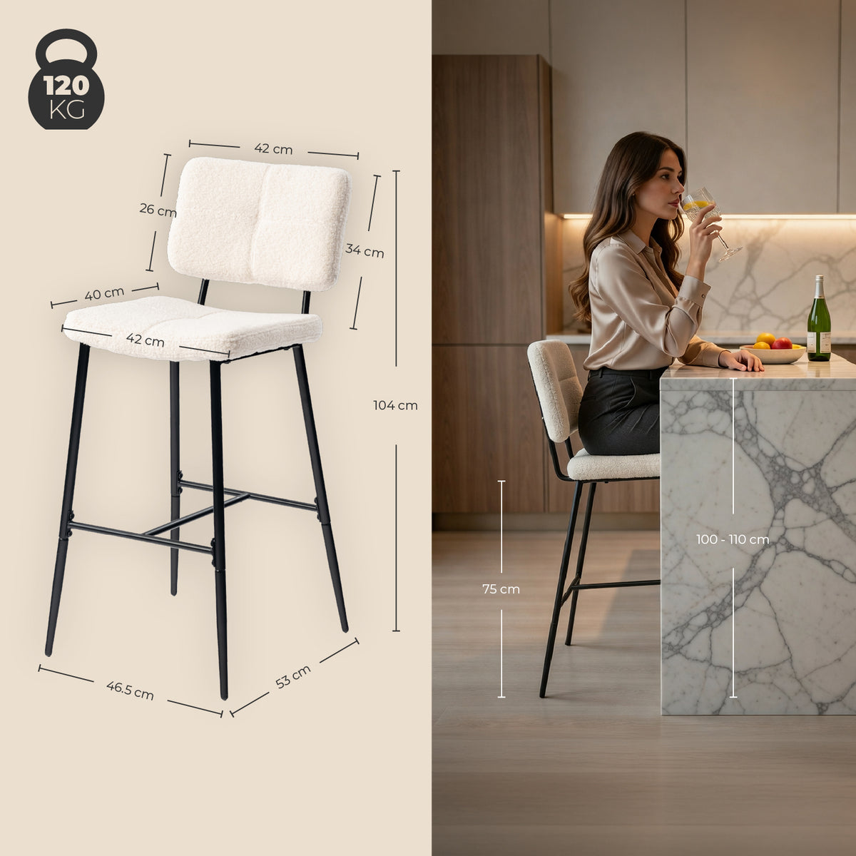 Set of 2 Scandinavian bar stools with back in beige dumpling sheepskin fabric - POMONA BAR