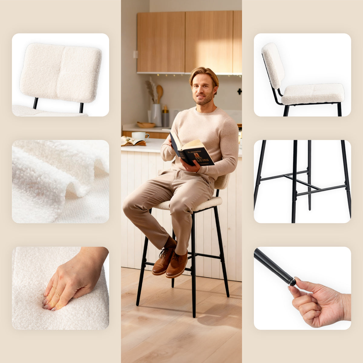 Set of 2 Scandinavian bar stools with back in beige dumpling sheepskin fabric - POMONA BAR