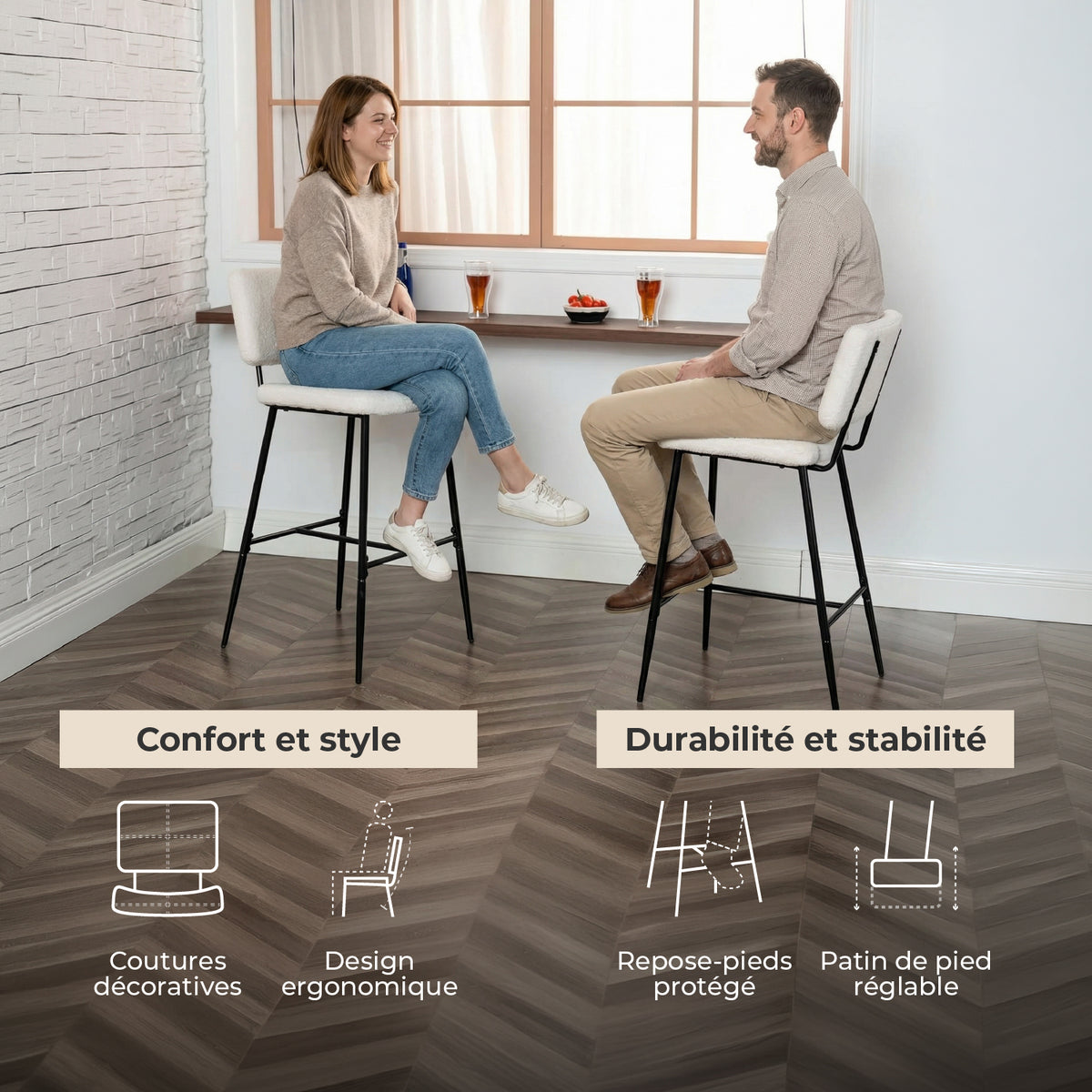 Set of 2 Scandinavian bar stools with back in beige dumpling sheepskin fabric - POMONA BAR