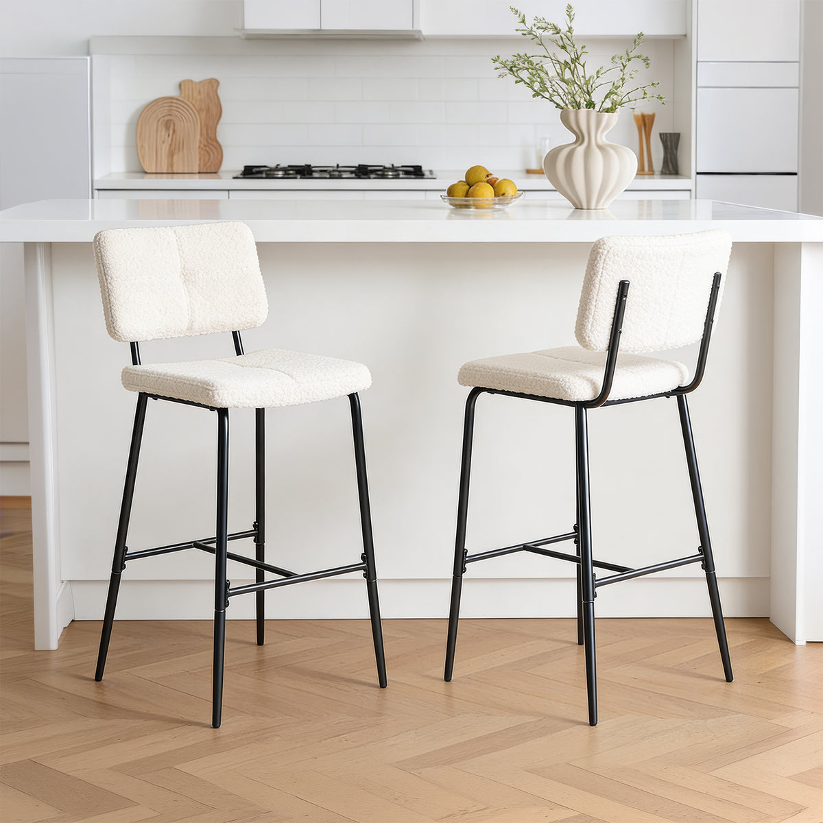 Set of 2 Scandinavian bar stools with back in beige dumpling sheepskin fabric - POMONA BAR