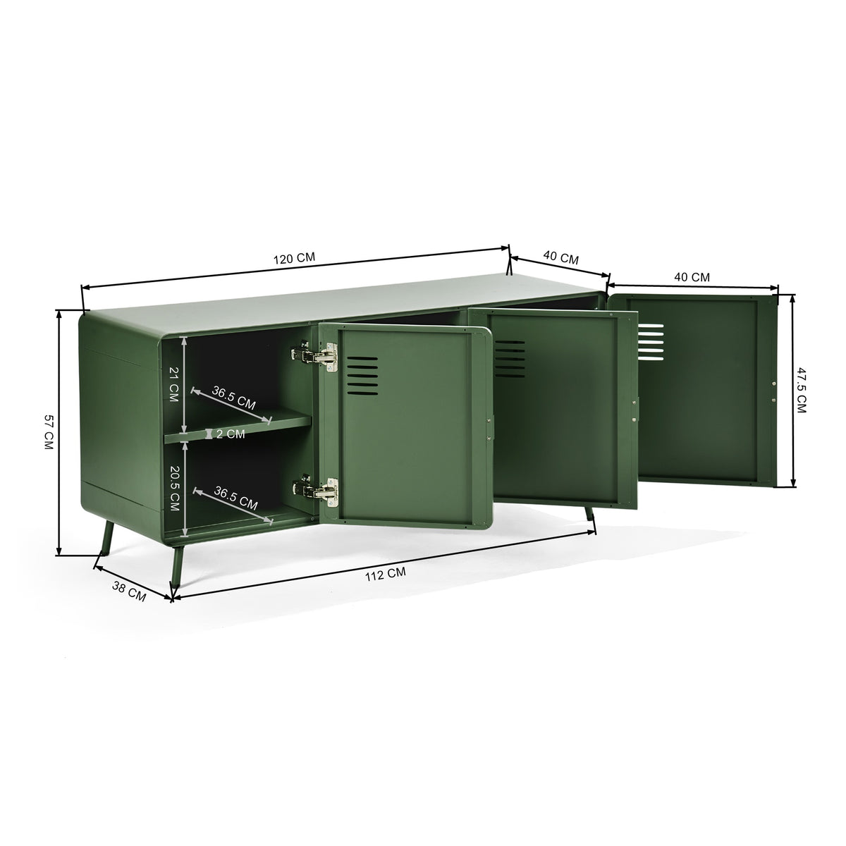 TV cabinet/Buffet Living Room in 3 -door green metal and wooden tray with shelves - Walnut