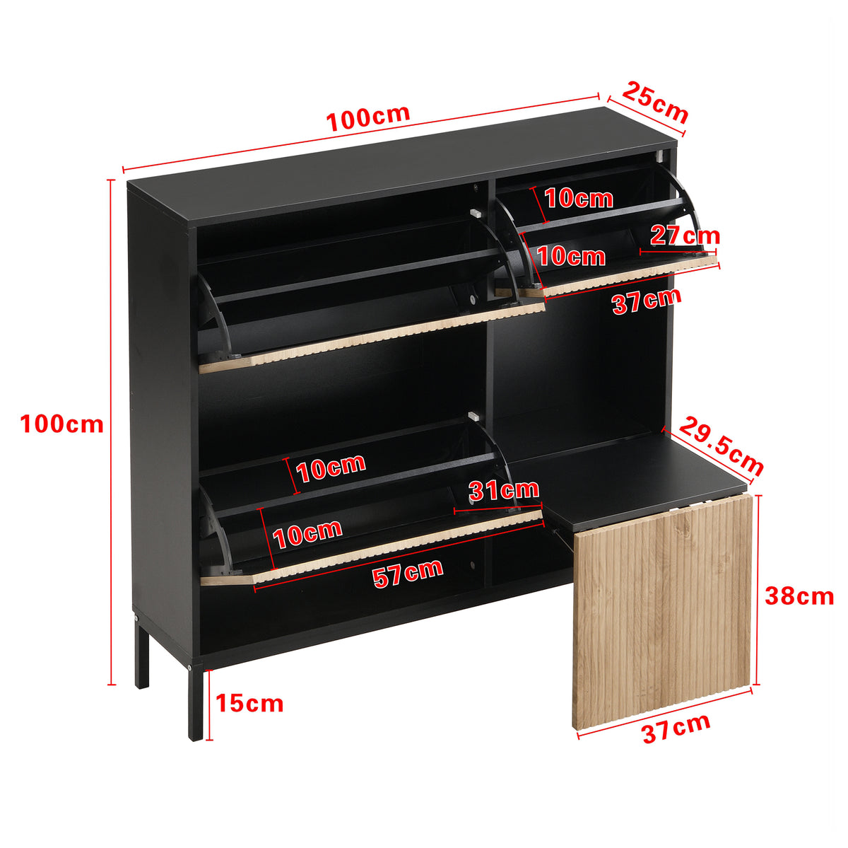 Meuble à chaussures avec banc intégré 100x25x100 cm en MDF noir et bois naturel, 3 abattants, étagères et assise escamotable, idéal pour entrée, couloir ou chambre