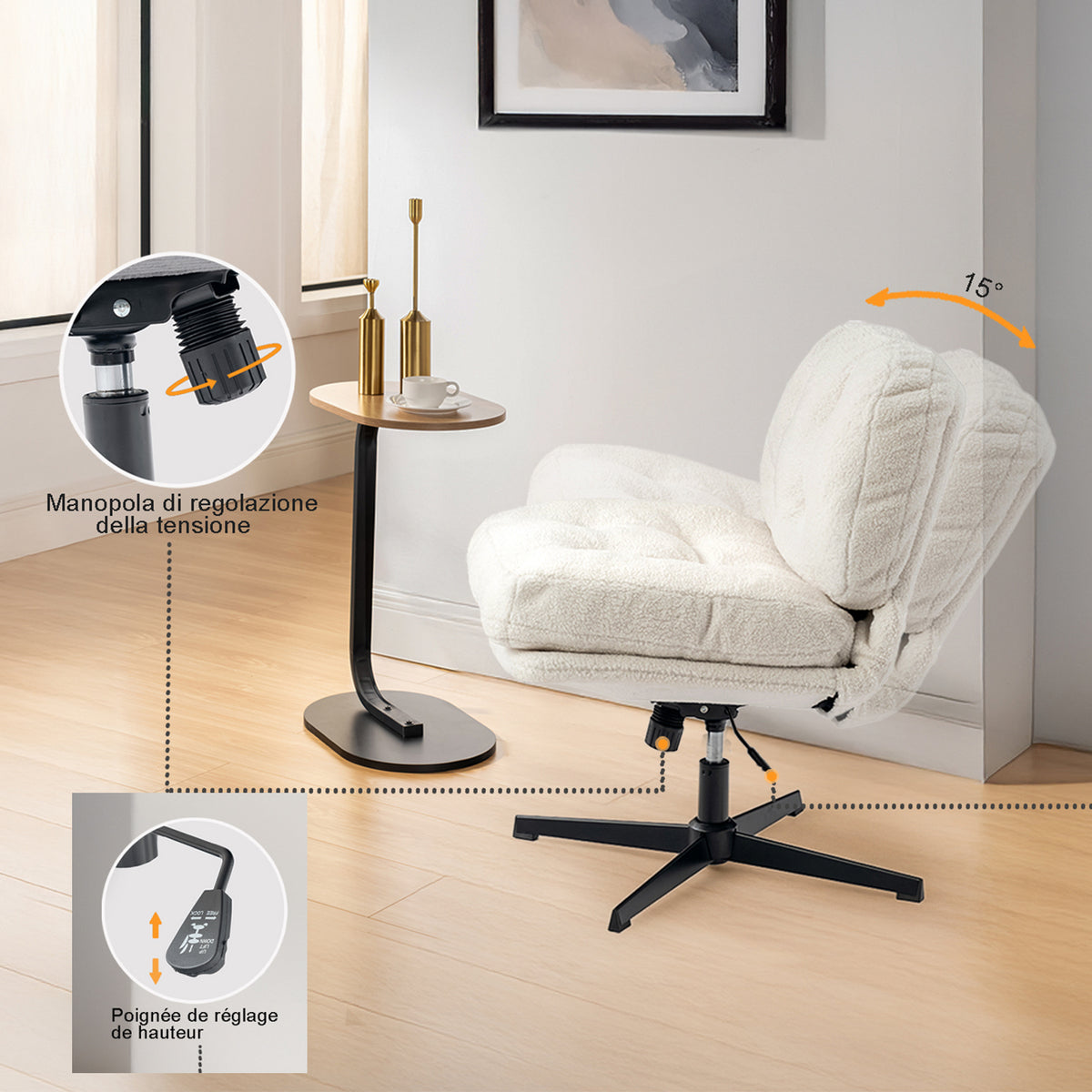 Pivoting lounge chair adjustable in white ribbed velvet - Alintonex