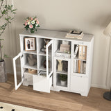 Buffet en MDF laqué blanc 65x30x100 cm avec portes vitrées, tiroir et espaces de rangement ouverts, idéal pour salon, chambre ou entrée