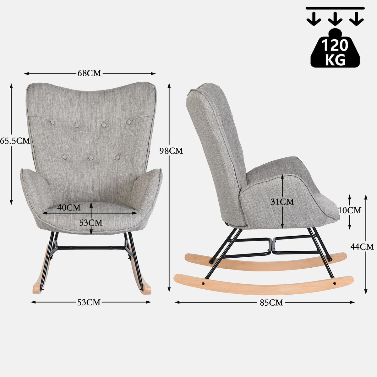 Fauteuil à bascule allaitement scandinave avec accoudoirs en tissu gris capitonné - EPPING