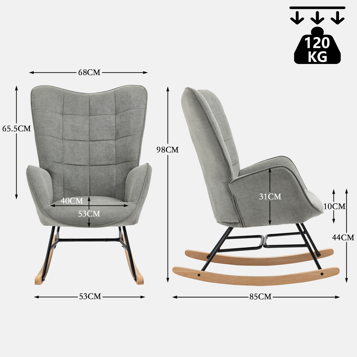 Fauteuil à bascule allaitement scandinave avec accoudoirs en tissu gris à surpiqûres - FUNKEL