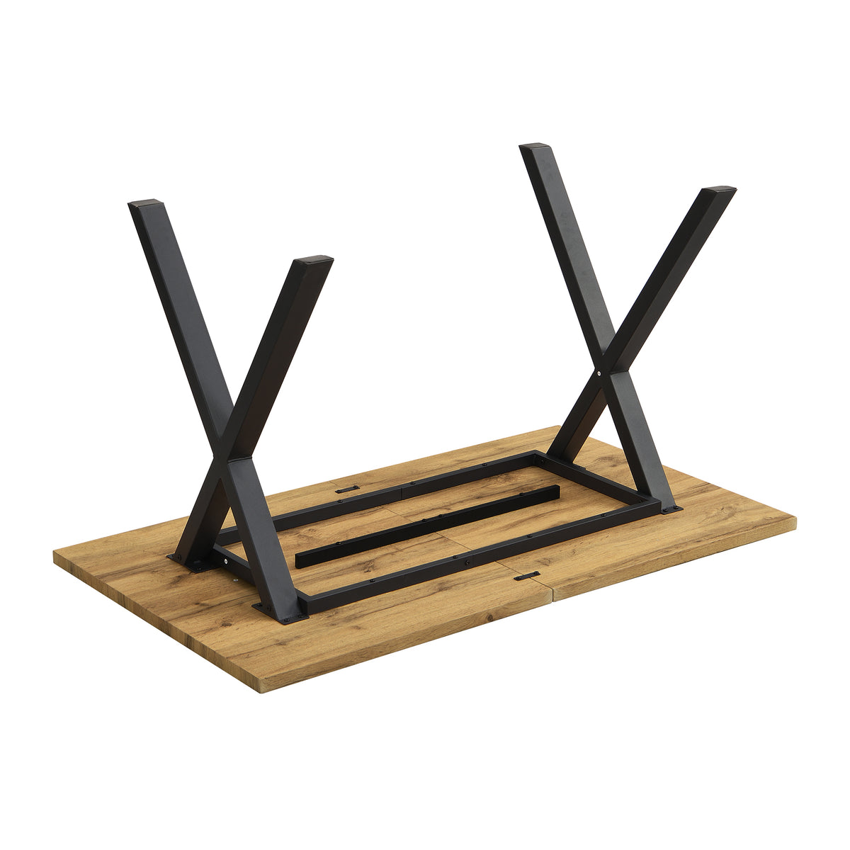 Table à manger industriel moderne 140x80 cm en bois effet chêne avec pieds croisés en métal noir