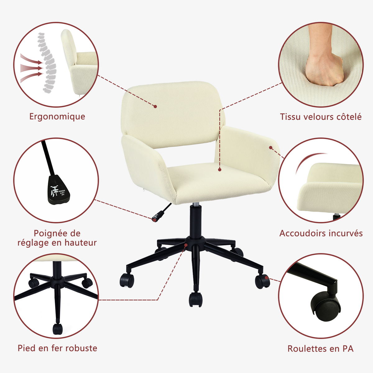 Ensemble avec table d’appoint noire pliable et fauteuil de bureau en velours côtelé beige - BASELINE & ROSS