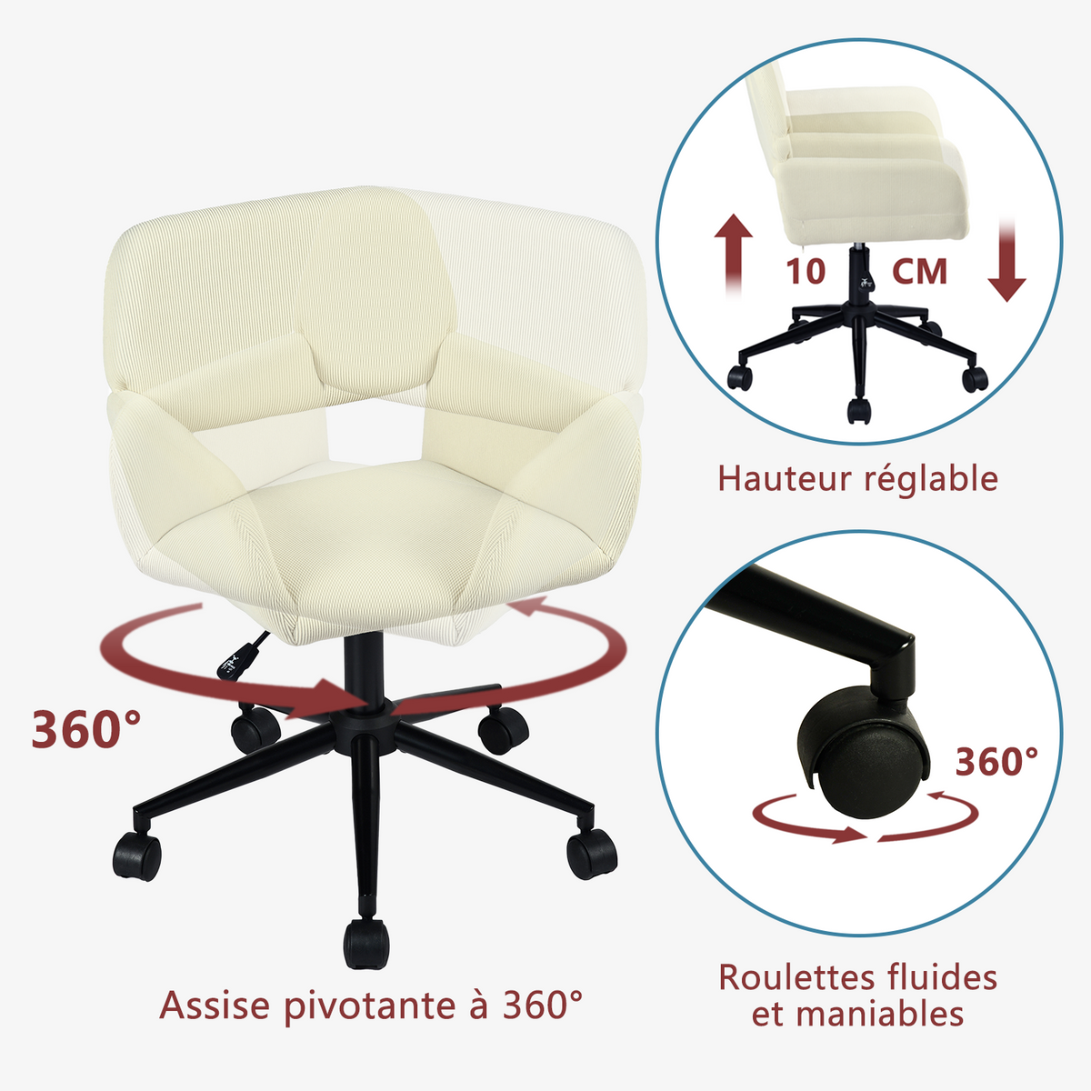 Ensemble avec table d’appoint noire pliable et fauteuil de bureau en velours côtelé beige - BASELINE & ROSS