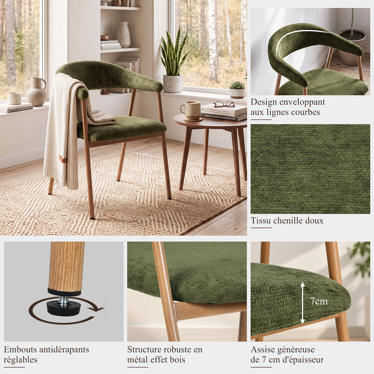 Lot de 2 fauteuils de salle à manger scandinaves avec accoudoirs en tissu vert - BONNIE