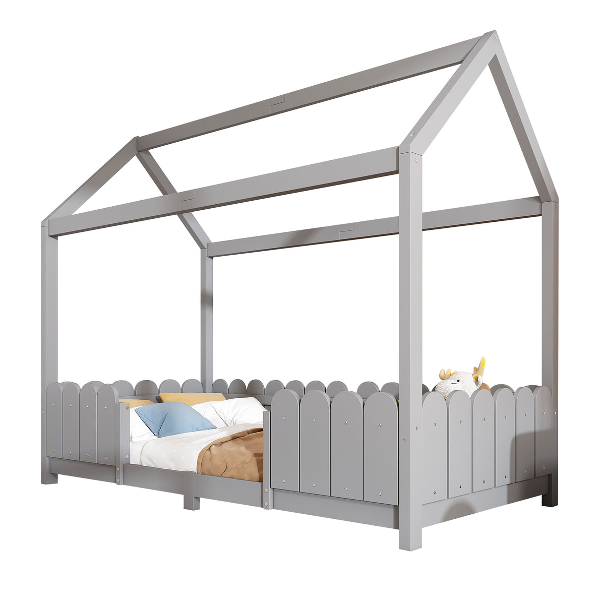Lit cabane enfant 90x200 cm gris en bois massif avec barrières de sécurité et sommier à lattes (sans matelas)