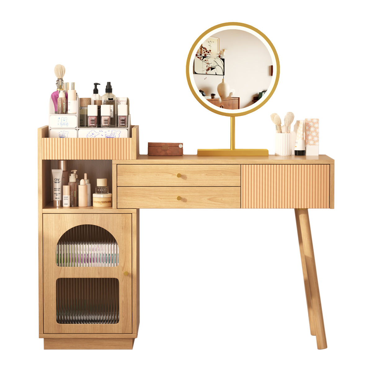Modern hairdresser with 3 -light LED mirror, large storage space and side glass cabinet, 120x40x90 cm