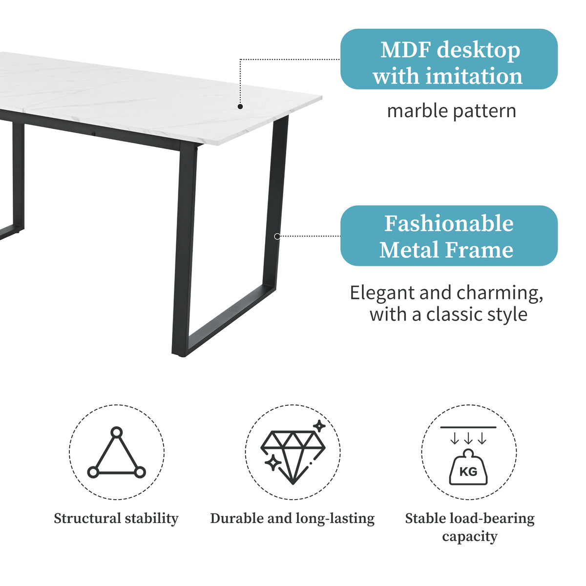 Ausziehbarer Esstisch 140/180 x 80 x 75 cm mit MDF-Platte in weißem Marmoreffekt und schwarzen Metallbeinen