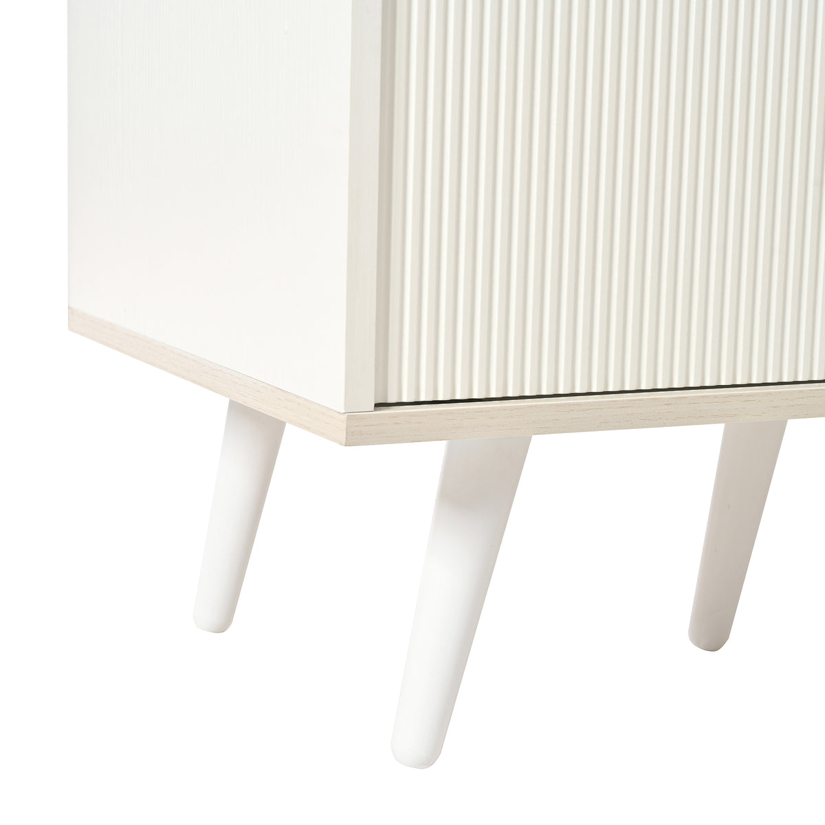 Buffet moderne blanc et bois avec 3 tiroirs et portes coulissantes à lattes