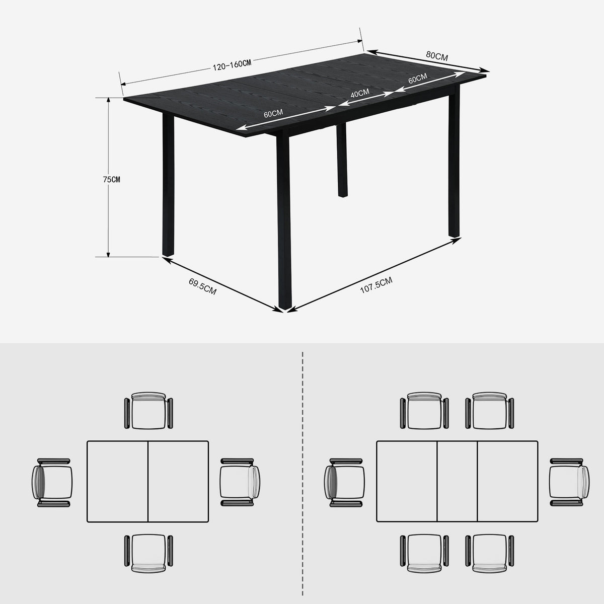 Ensemble table à manger extensible noire avec 6 chaises de salle à manger en PU, style scandinave