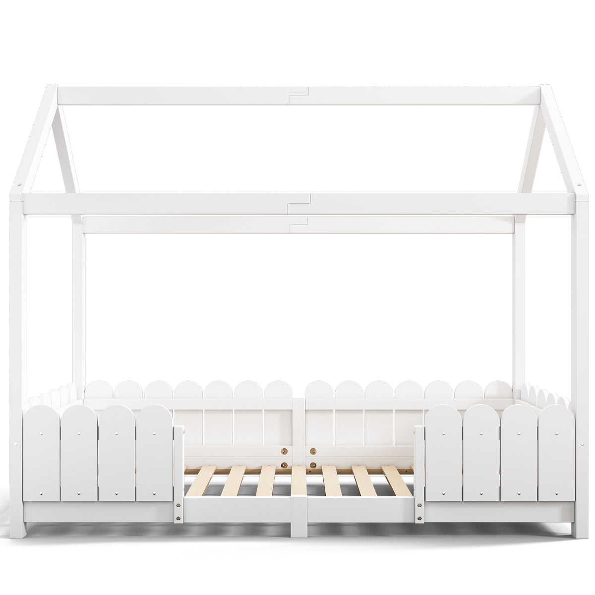 Children's cabin 90x200 cm white in solid wood with safety barriers and slatted box spring (without mattresses)